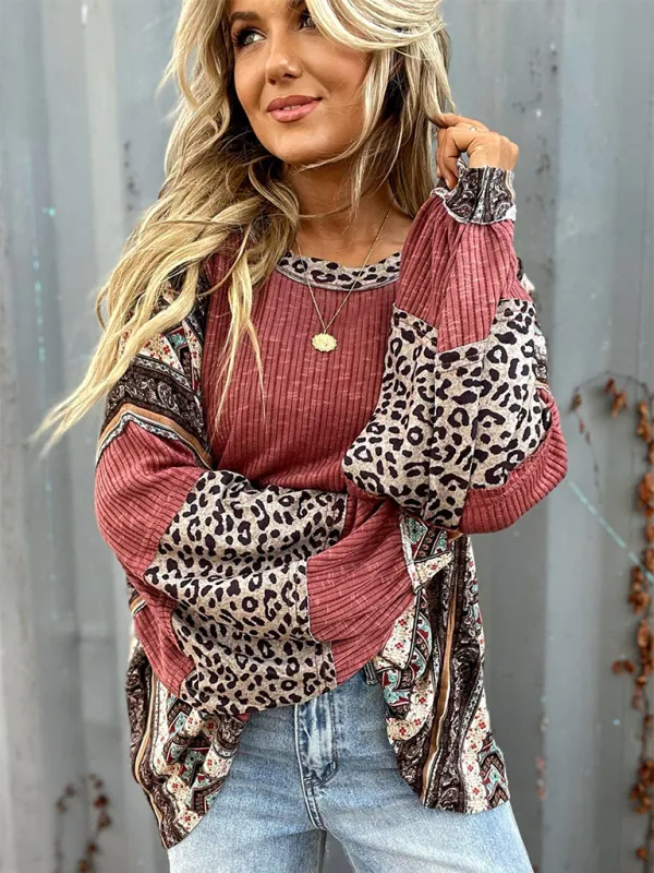 Oversized Casual Bohemian Top with Print Patchwork