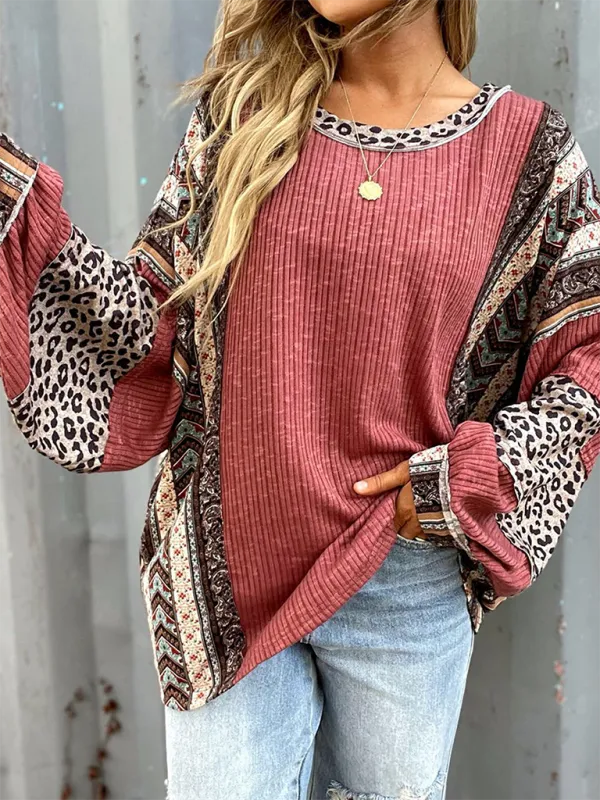 Oversized Casual Bohemian Top with Print Patchwork