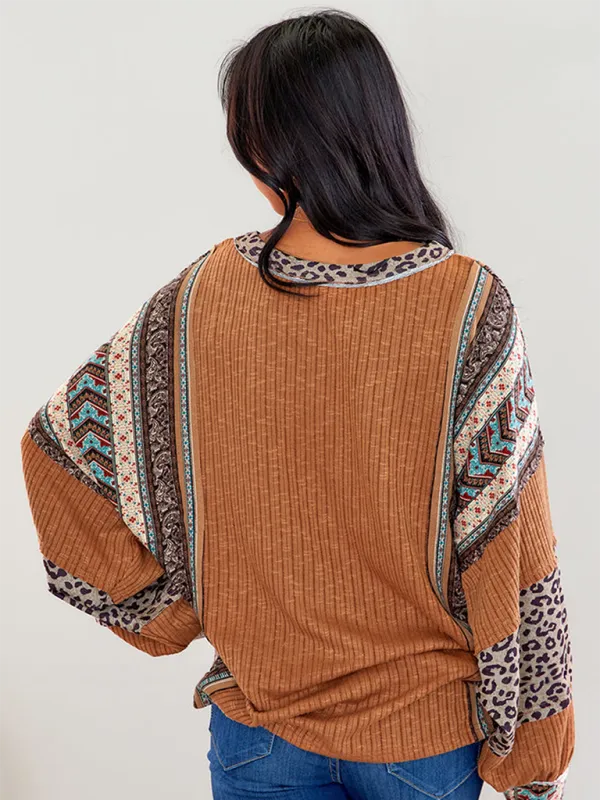 Oversized Casual Bohemian Top with Print Patchwork