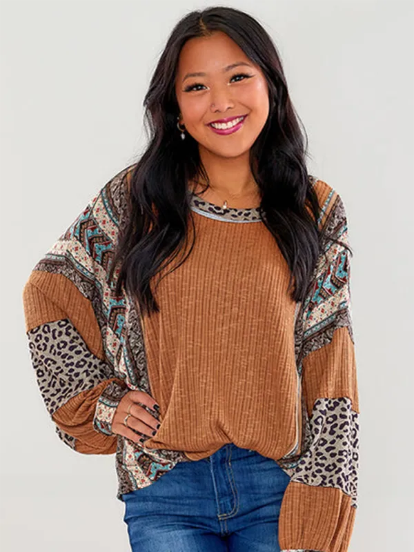 Oversized Casual Bohemian Top with Print Patchwork