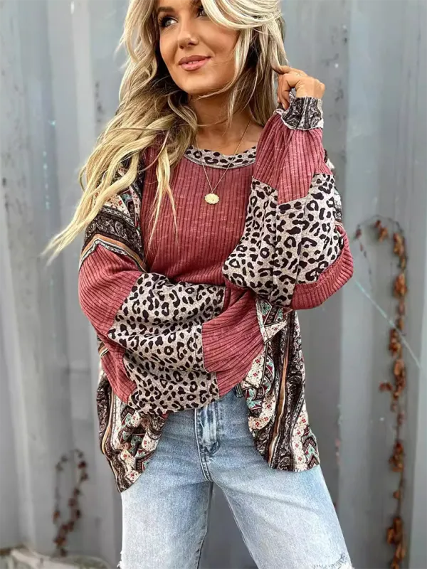 Oversized Casual Bohemian Top with Print Patchwork