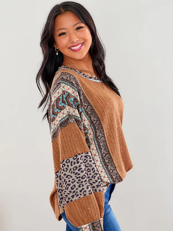 Oversized Casual Bohemian Top with Print Patchwork