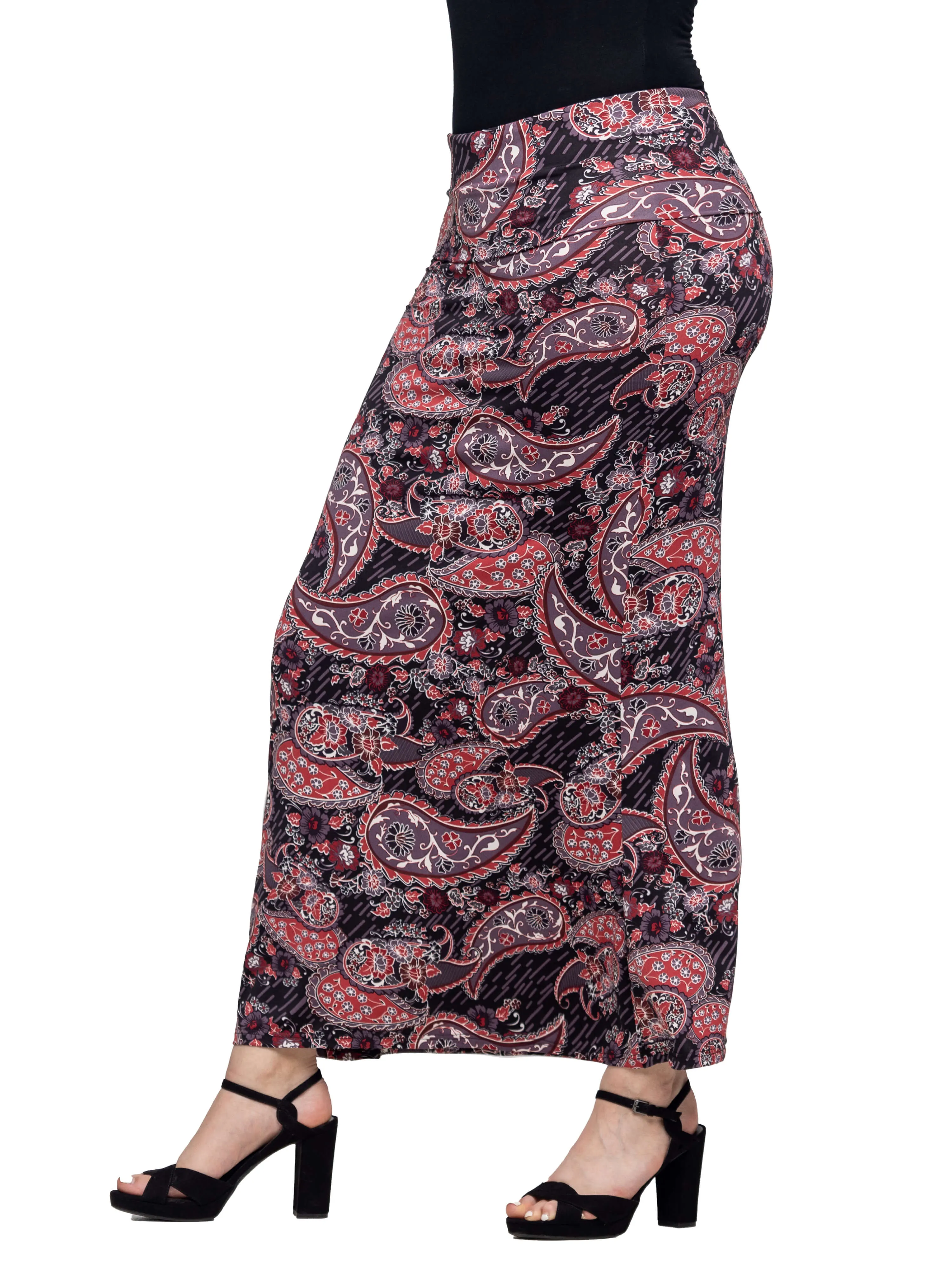 Paisley Print Fold Over Waist Maxi Skirt