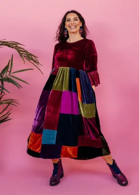 Patchwork Velvet Ruffle Smock Dress