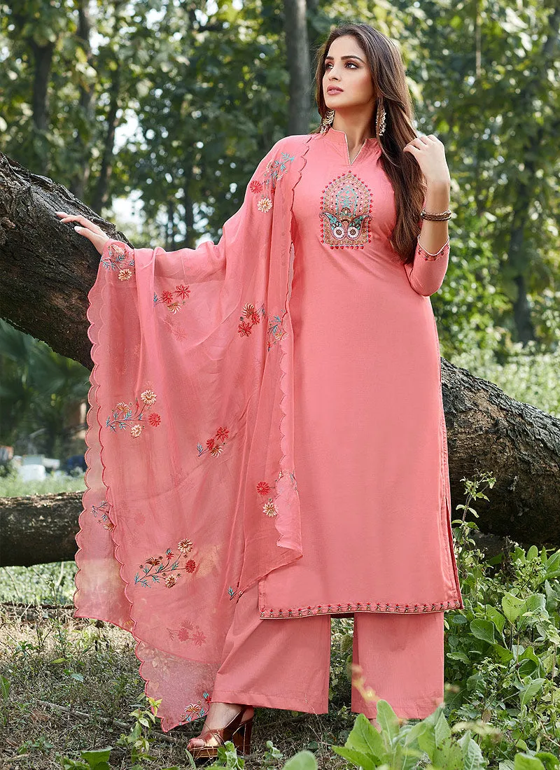 Peach Embroidered Cotton Silk Pants Style Suit