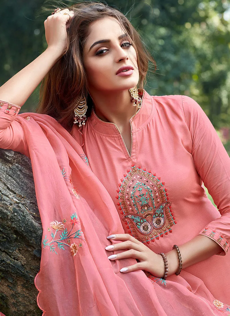 Peach Embroidered Cotton Silk Pants Style Suit