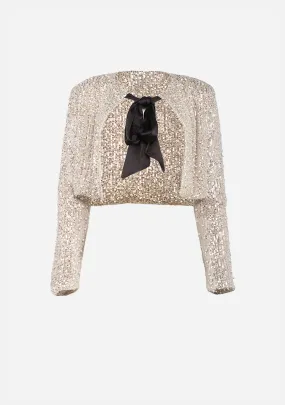 Pearl And Sequins Bow Tied Crop Jacket Champagne