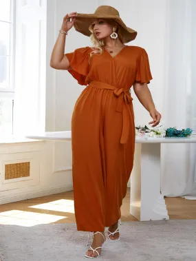 Plus Size Flutter Sleeve Belted Surplice Jumpsuit