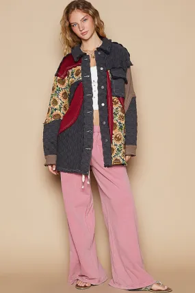 POL OVERSIZED Quilted and Mixed Print Jacket in Charcoal/Red Multi