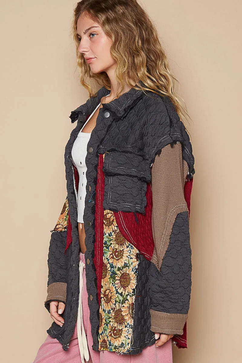 POL OVERSIZED Quilted and Mixed Print Jacket in Charcoal/Red Multi