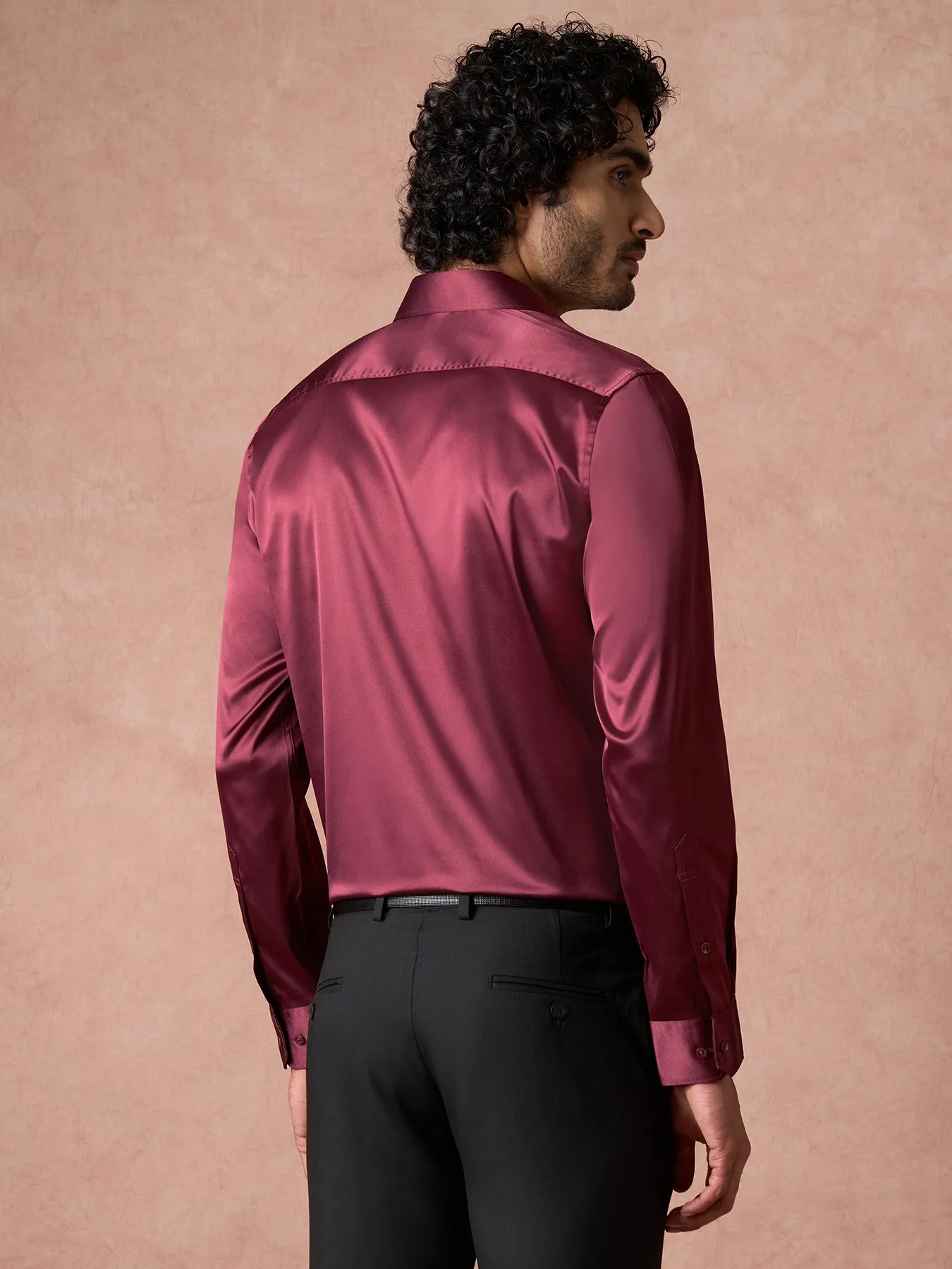 Poly Satin Wine Plain Slim Fit Full Sleeve Ceremonial Shirt