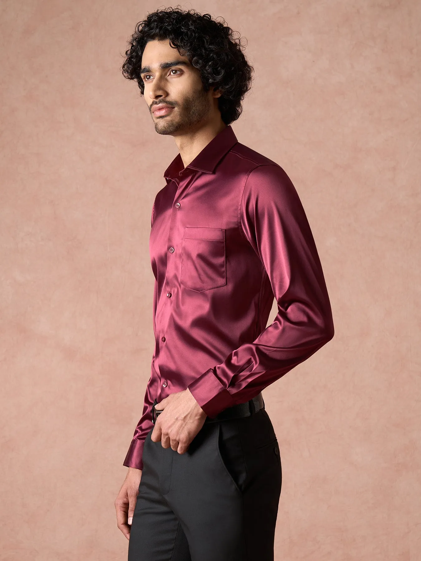 Poly Satin Wine Plain Slim Fit Full Sleeve Ceremonial Shirt