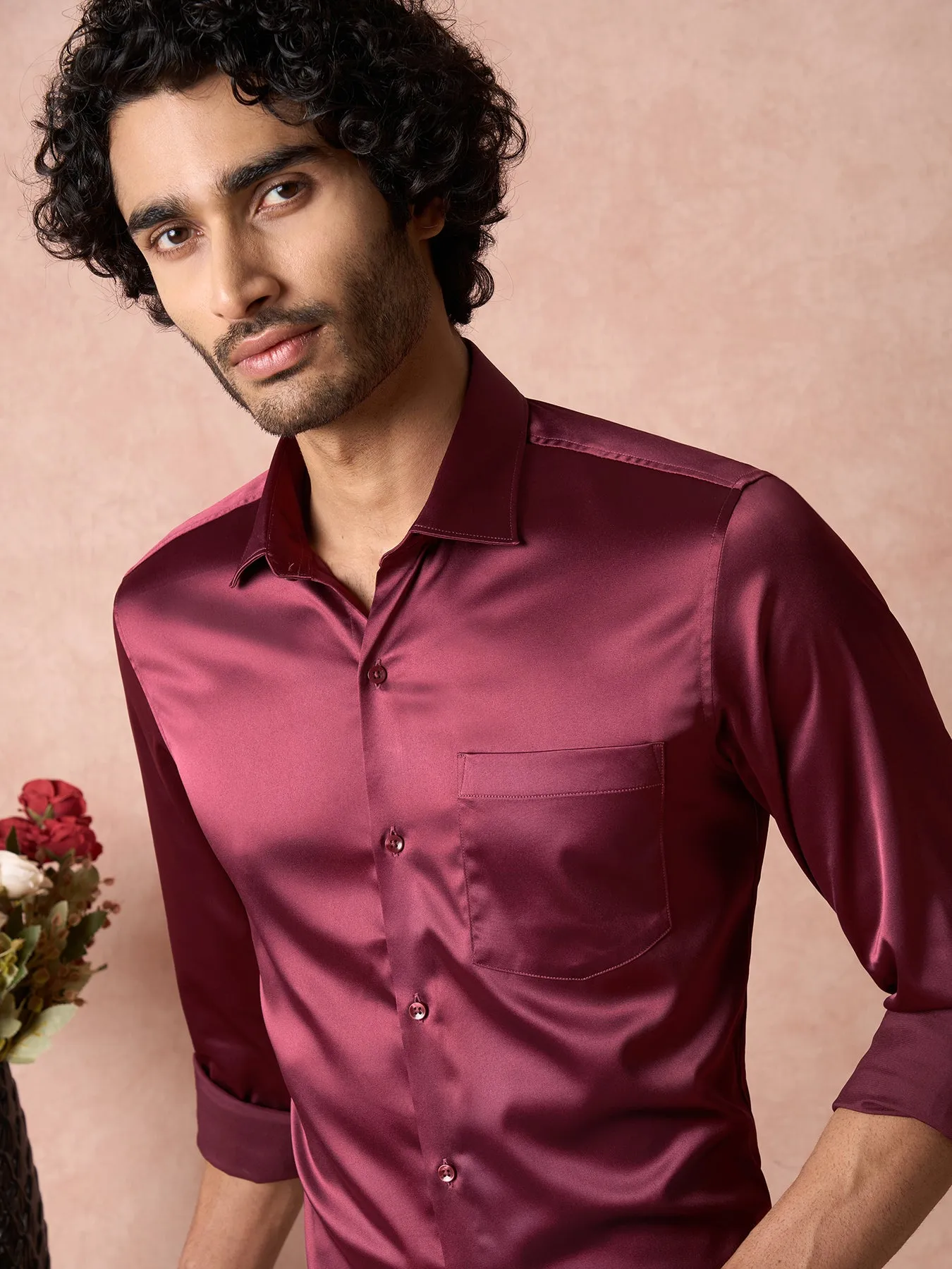 Poly Satin Wine Plain Slim Fit Full Sleeve Ceremonial Shirt