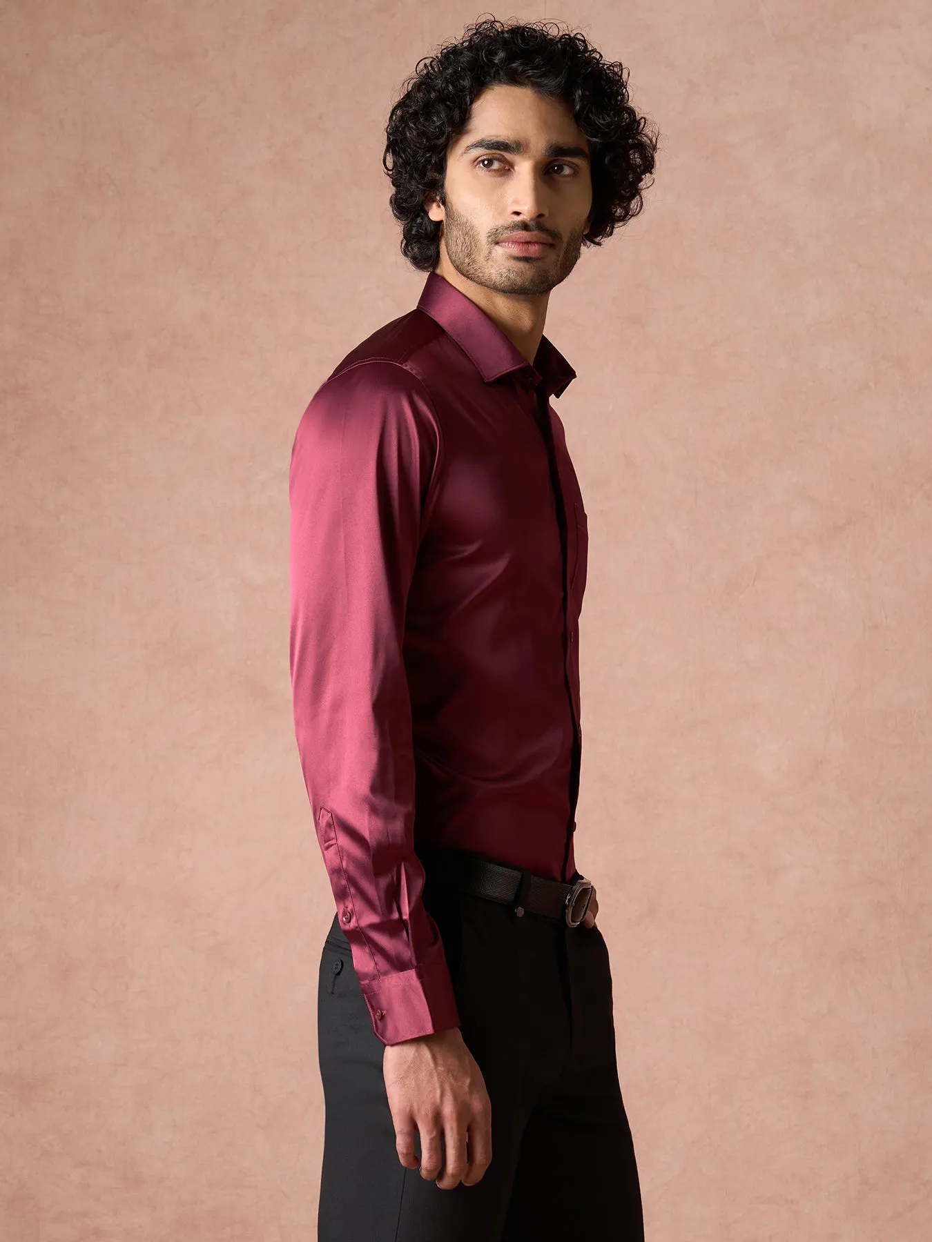 Poly Satin Wine Plain Slim Fit Full Sleeve Ceremonial Shirt