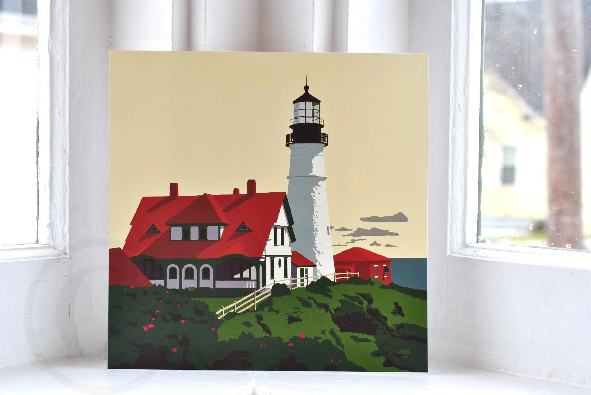 Portland Head Light Art Print 8" x 8" Square Wall Poster By Alan Claude - Maine