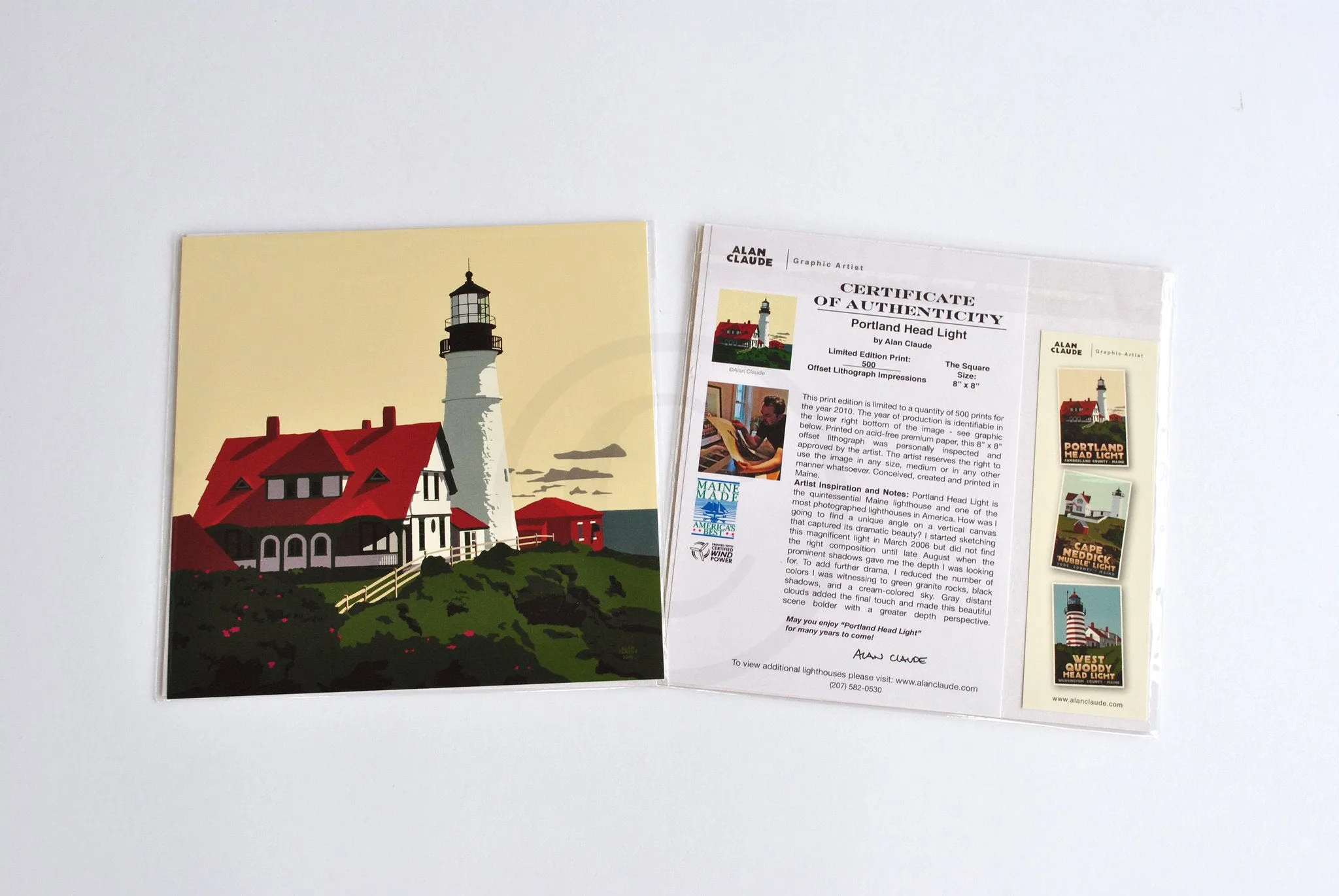 Portland Head Light Art Print 8" x 8" Square Wall Poster By Alan Claude - Maine