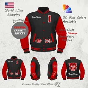 Premium Letter Custom Varsity Letterman Jackets For Men with Genuine Cowhide Leather Sleeves - Black Red