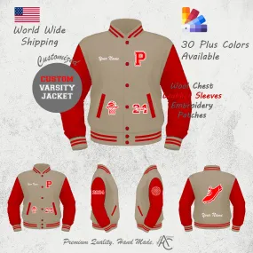 Premium Letter Custom Varsity Letterman Jackets For Men with Genuine Cowhide Leather Sleeves- Off White Red