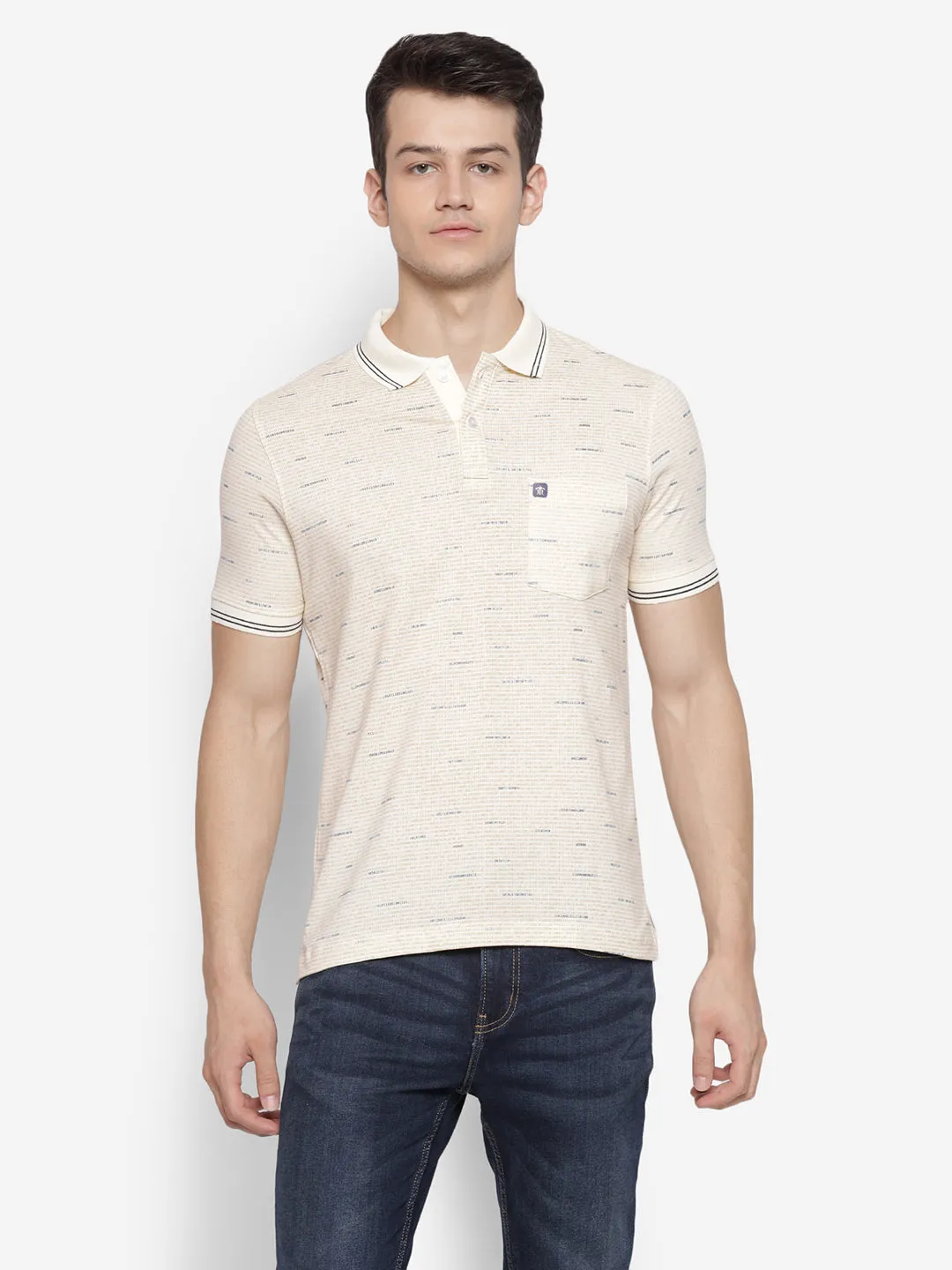 Printed Cream Polo Neck Men Half Sleeve T-Shirt for Men