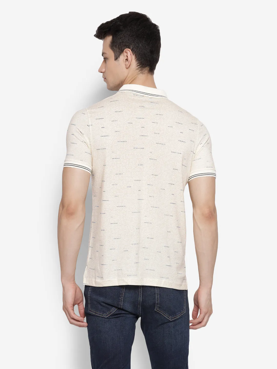 Printed Cream Polo Neck Men Half Sleeve T-Shirt for Men