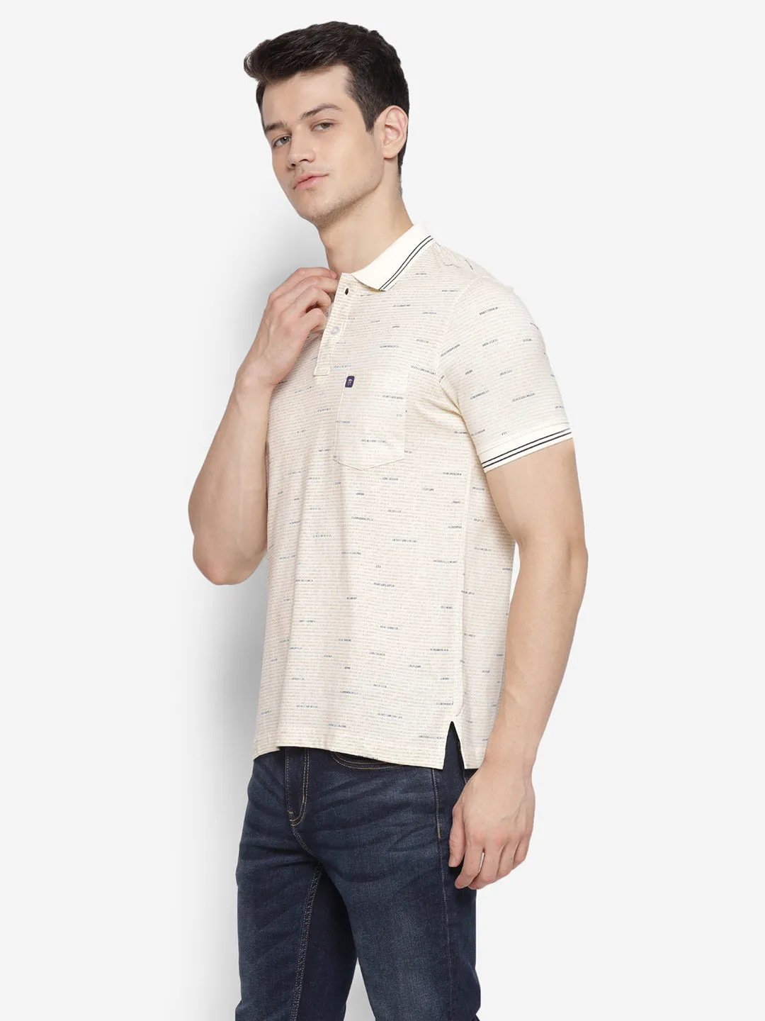 Printed Cream Polo Neck Men Half Sleeve T-Shirt for Men