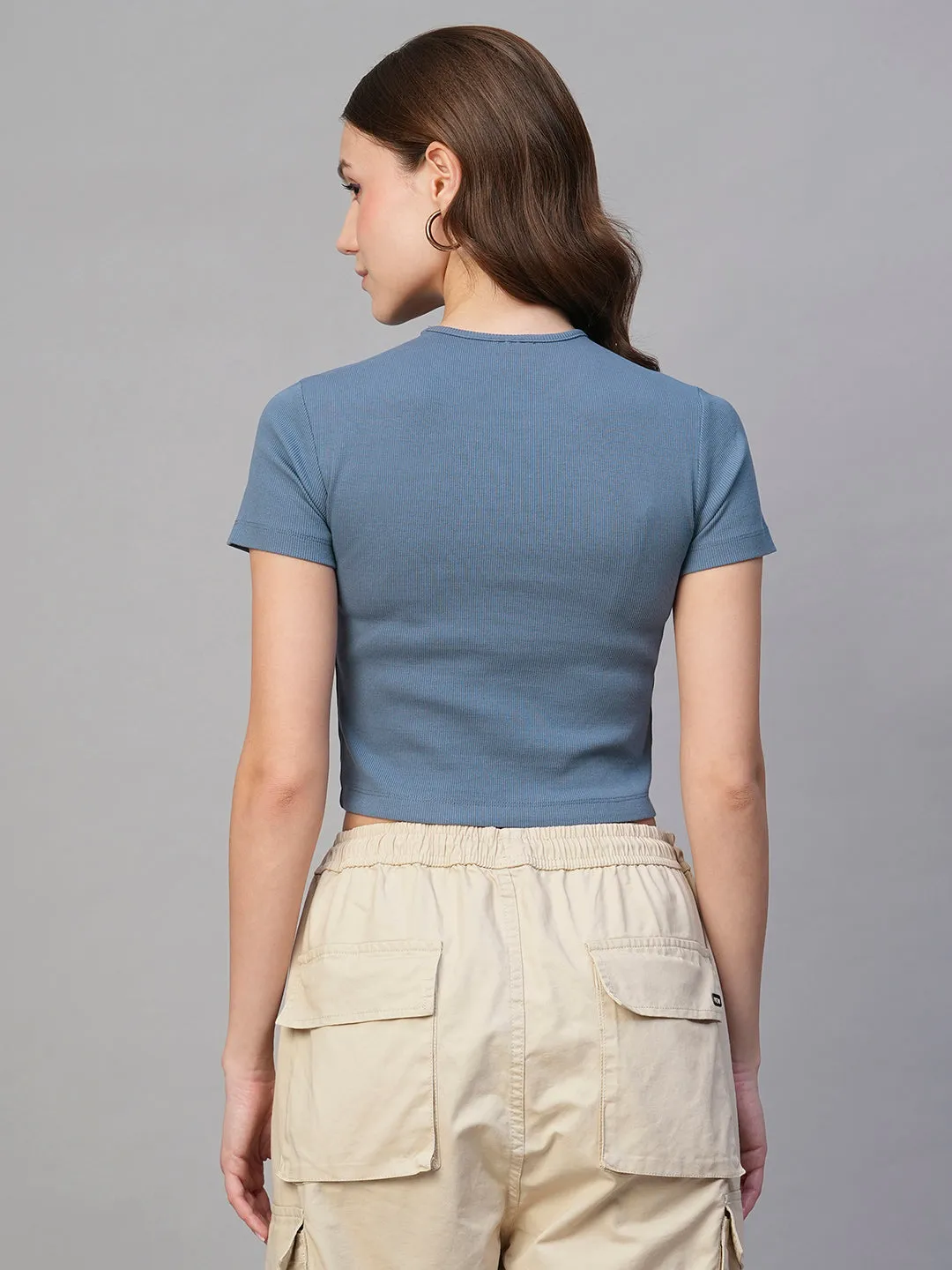 Pronk Ribbed Half Sleeve Crop Top - Denim Blue