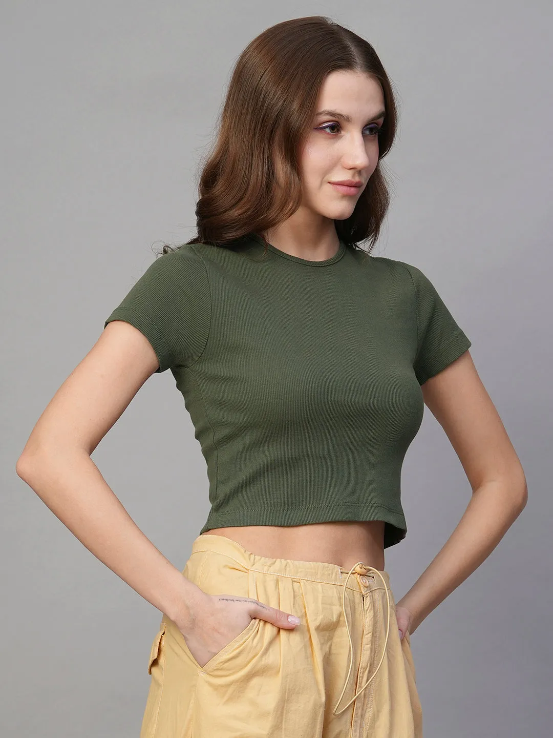 Pronk Ribbed Half Sleeve Crop Top - Olive Green