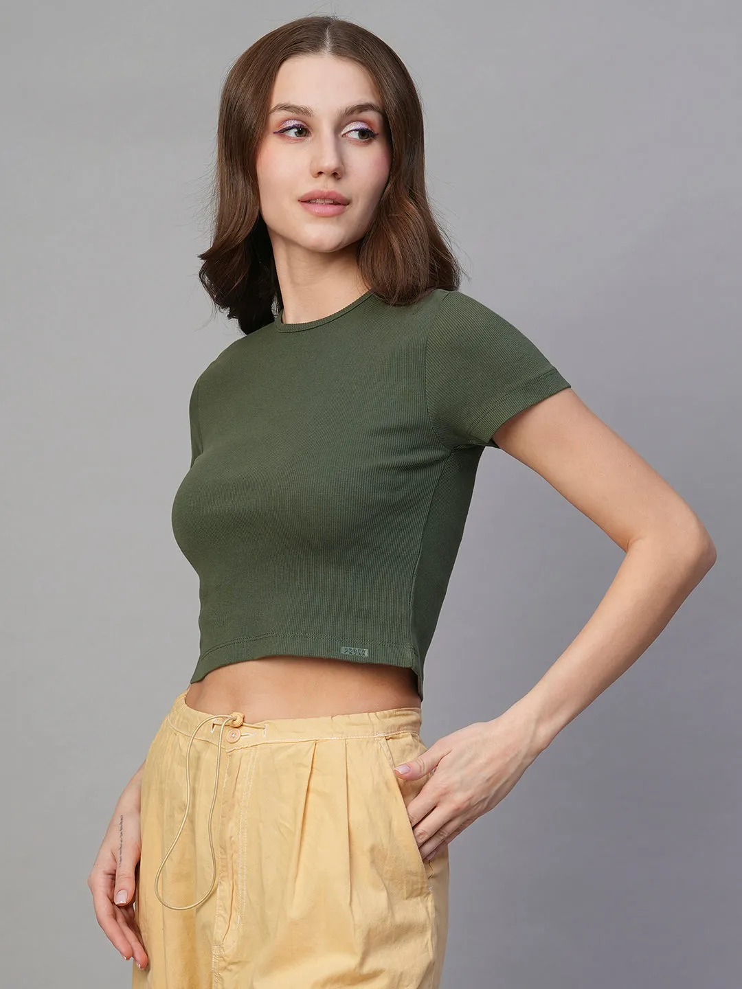 Pronk Ribbed Half Sleeve Crop Top - Olive Green