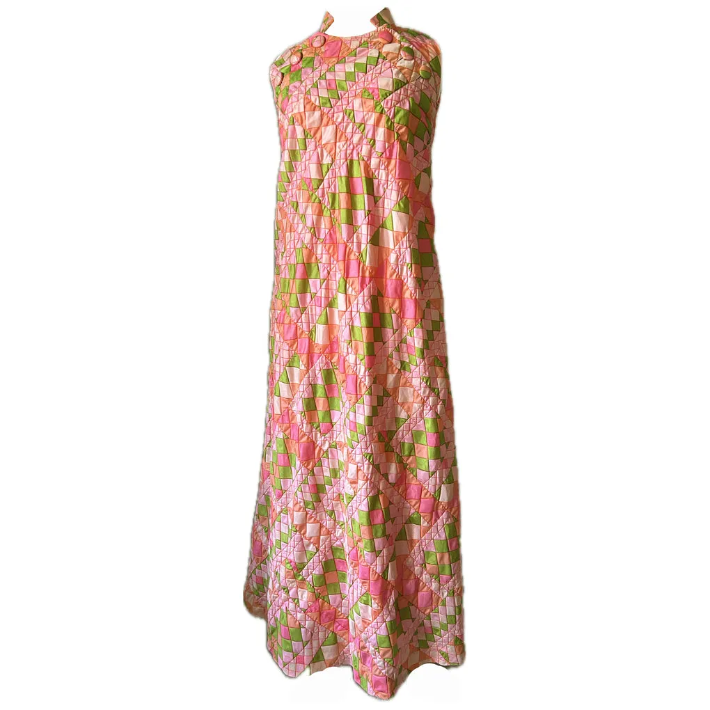 Quilted vintage 1960s psychedelic check pink and green maxi dress