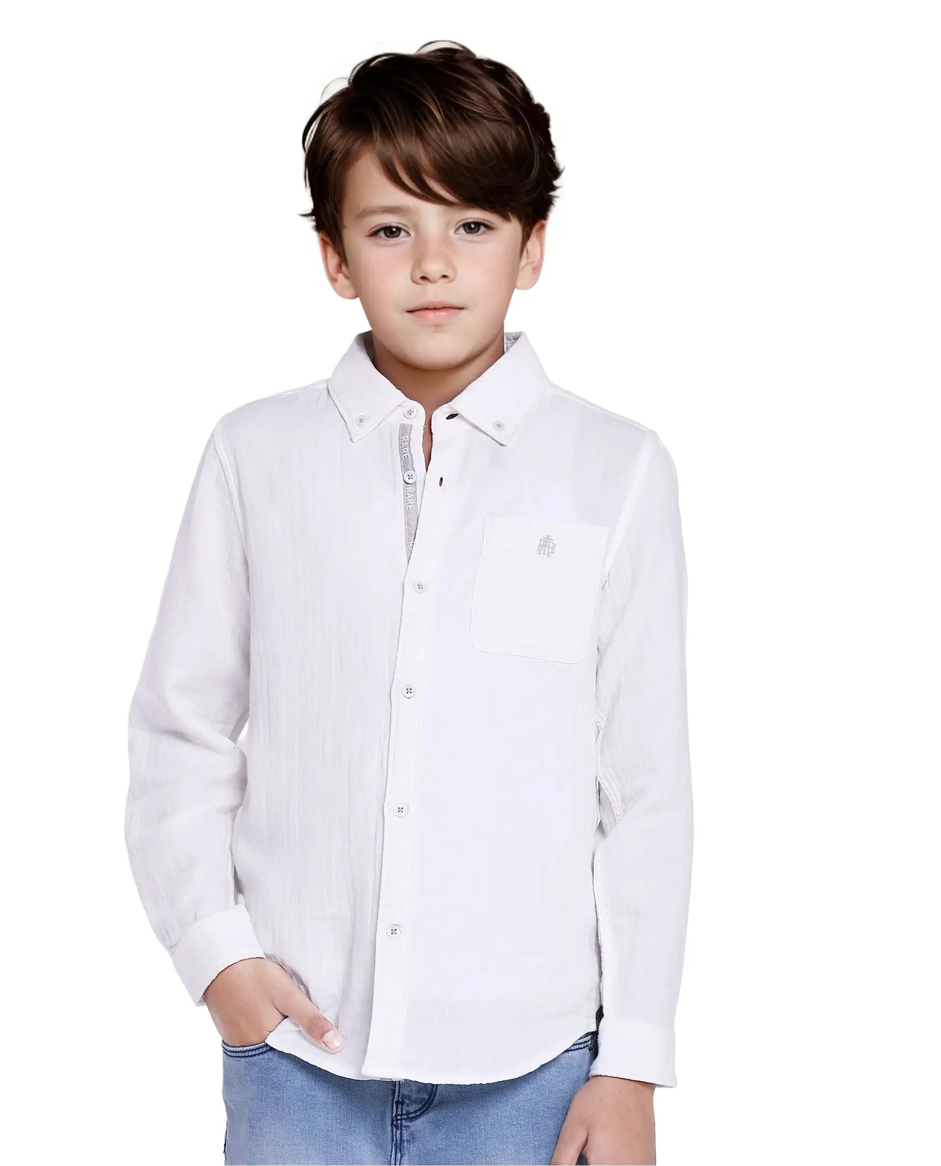 Rare Ones Kids Presto White Cotton Full Sleeve Regular Fit Button Down Solid Shirt