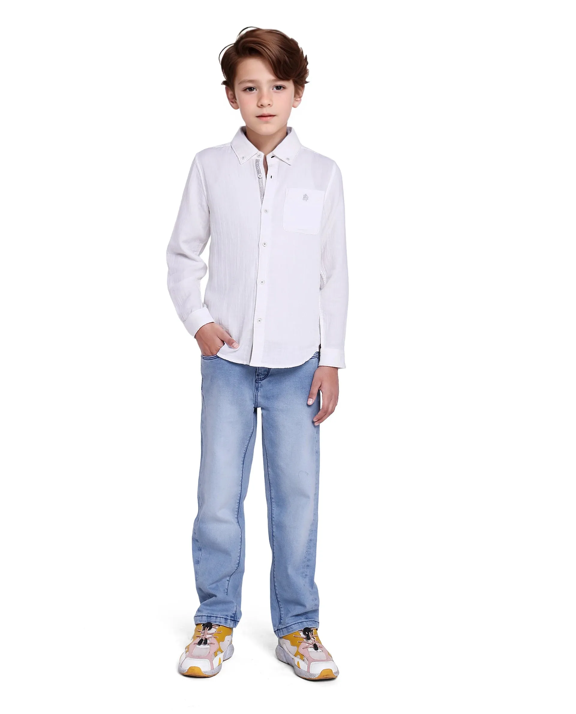 Rare Ones Kids Presto White Cotton Full Sleeve Regular Fit Button Down Solid Shirt