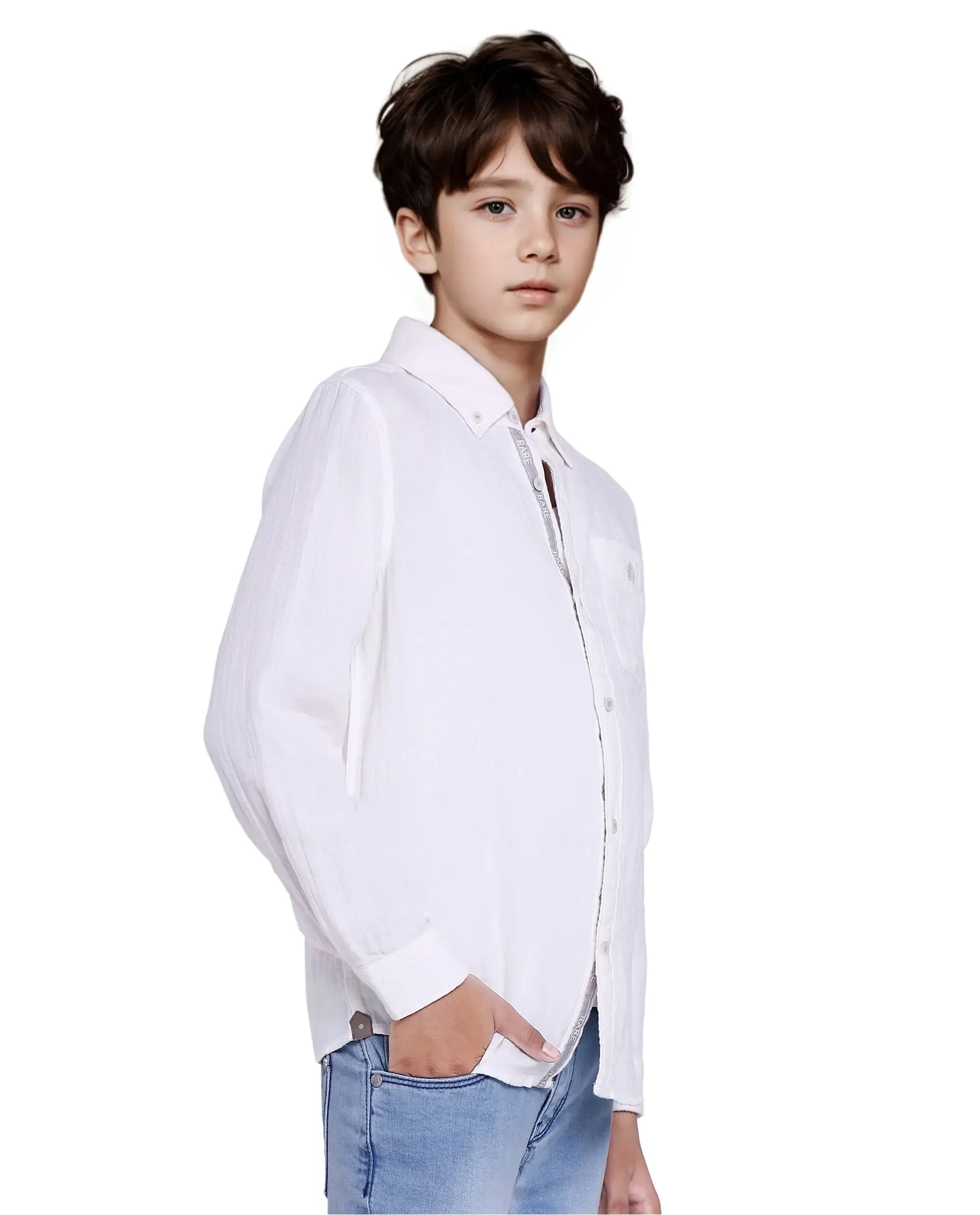 Rare Ones Kids Presto White Cotton Full Sleeve Regular Fit Button Down Solid Shirt