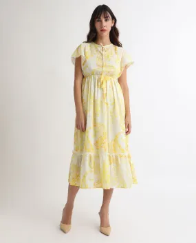 Rareism Women Lammer Light Yellow Cotton Fabric Short Sleeves Tie-Up Closure Tie-Up Neck Extended Sleeve Relaxed Fit Paisley Print Maxi Tiered Dress