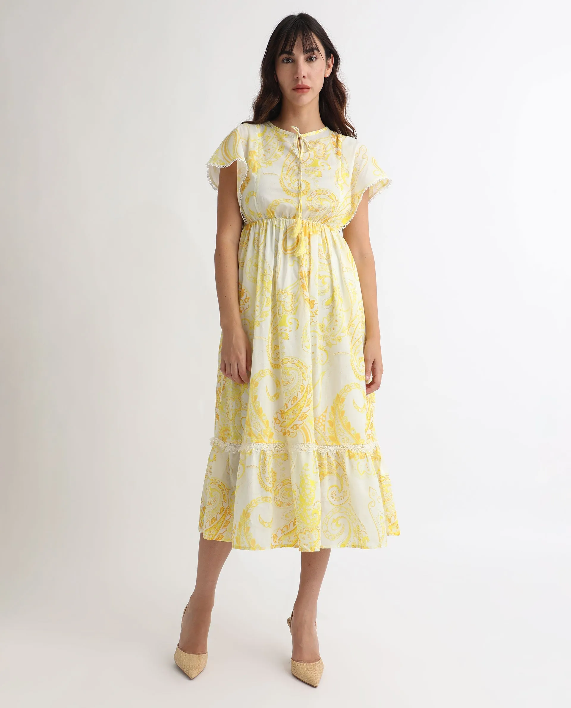 Rareism Women Lammer Light Yellow Cotton Fabric Short Sleeves Tie-Up Closure Tie-Up Neck Extended Sleeve Relaxed Fit Paisley Print Maxi Tiered Dress