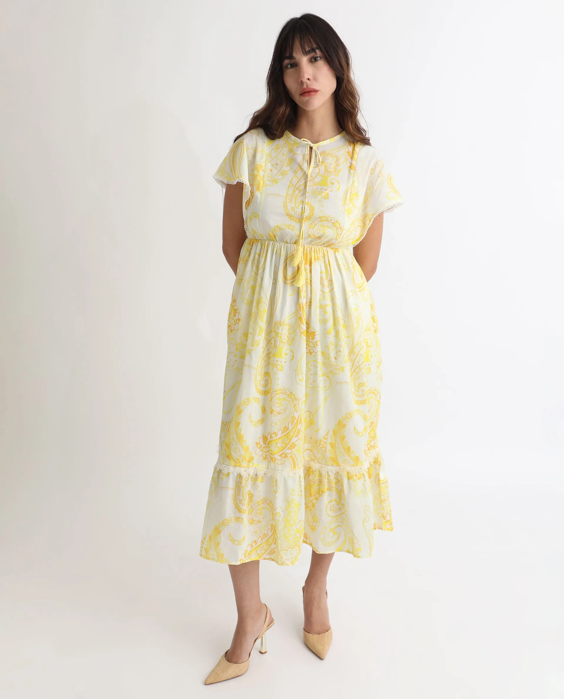 Rareism Women Lammer Light Yellow Cotton Fabric Short Sleeves Tie-Up Closure Tie-Up Neck Extended Sleeve Relaxed Fit Paisley Print Maxi Tiered Dress