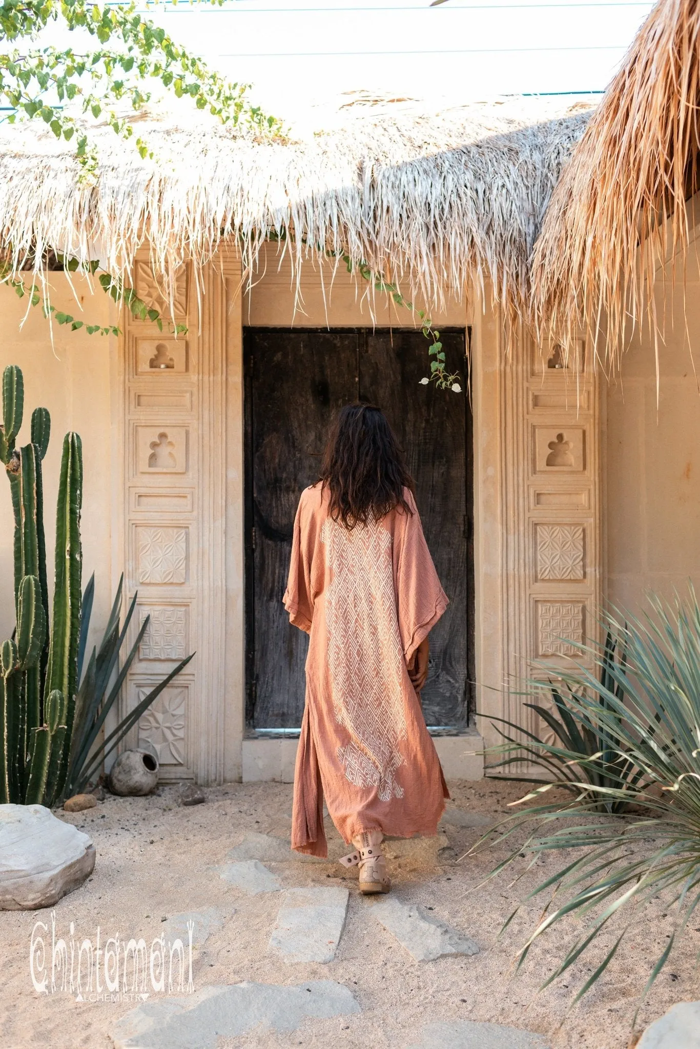 Raw Cotton Kimono Robe with Print / Dusty Pink