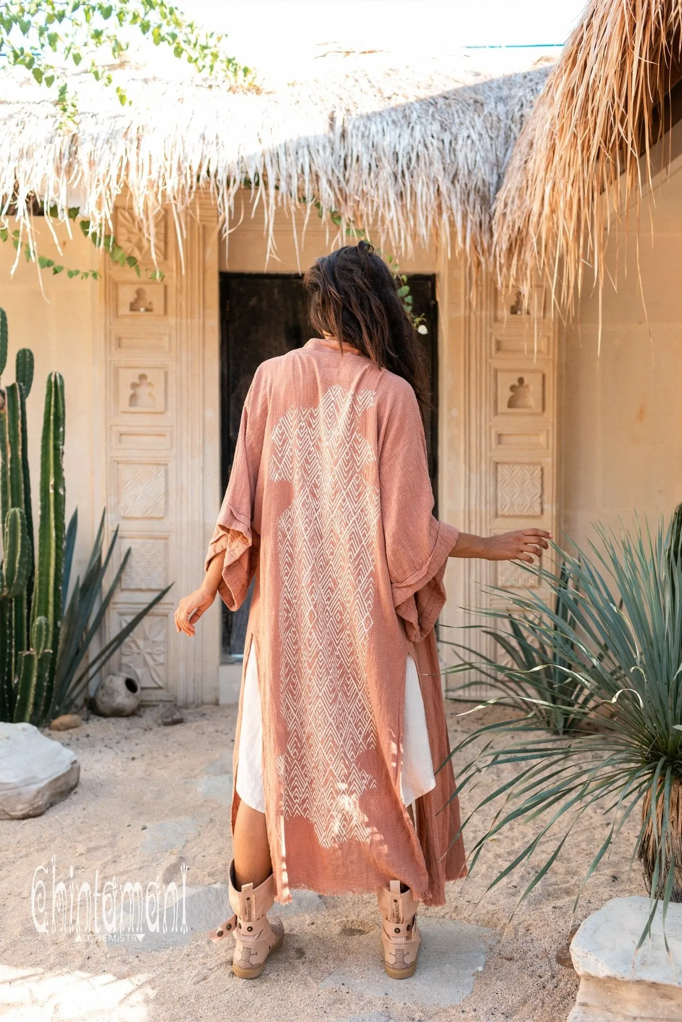 Raw Cotton Kimono Robe with Print / Dusty Pink