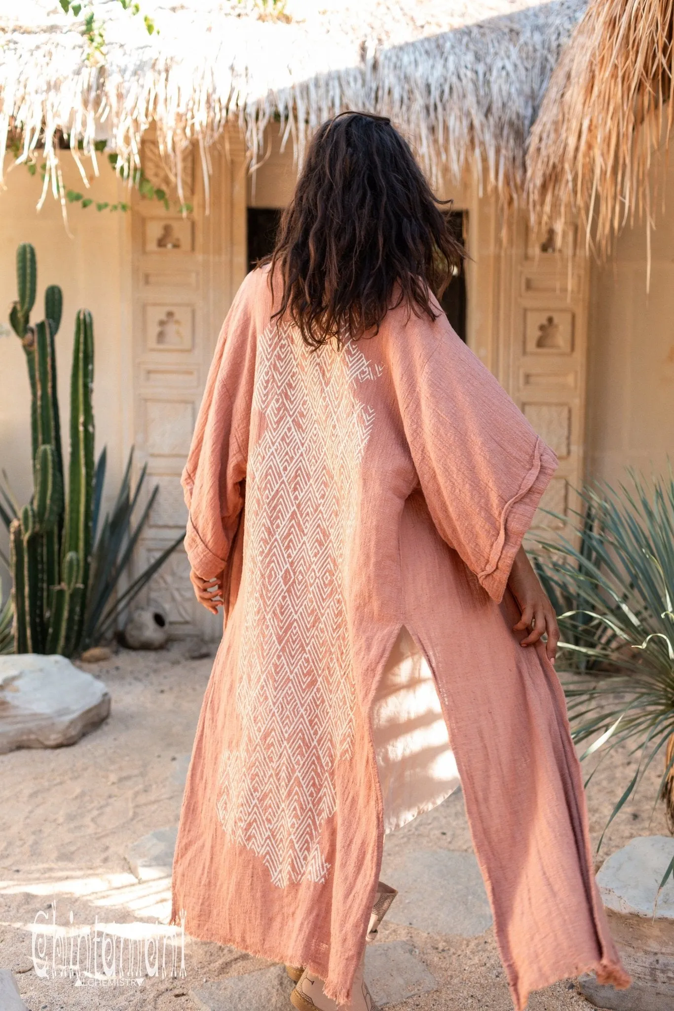 Raw Cotton Kimono Robe with Print / Dusty Pink