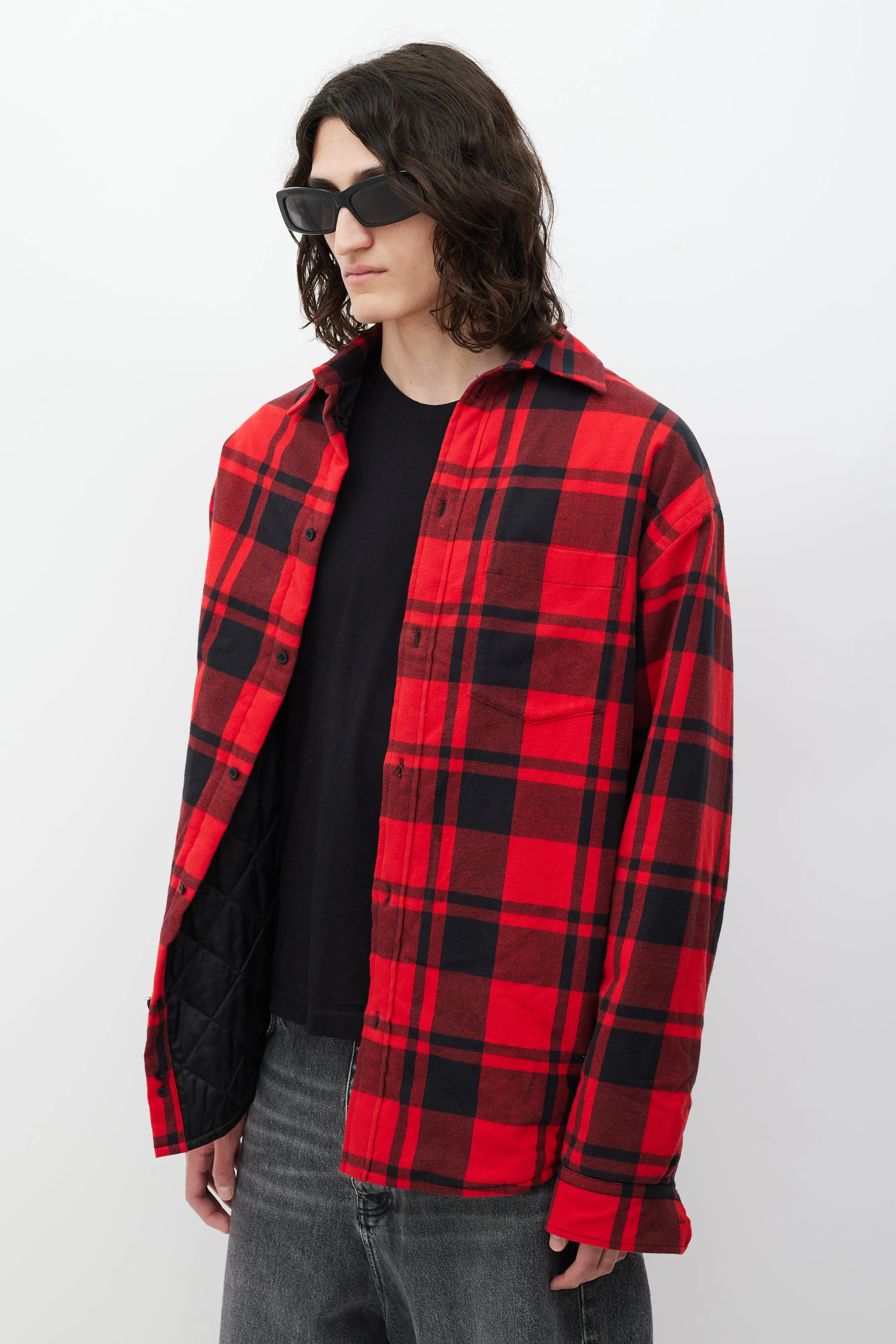 Red & Black Asymmetrical Padded Plaid Jacket