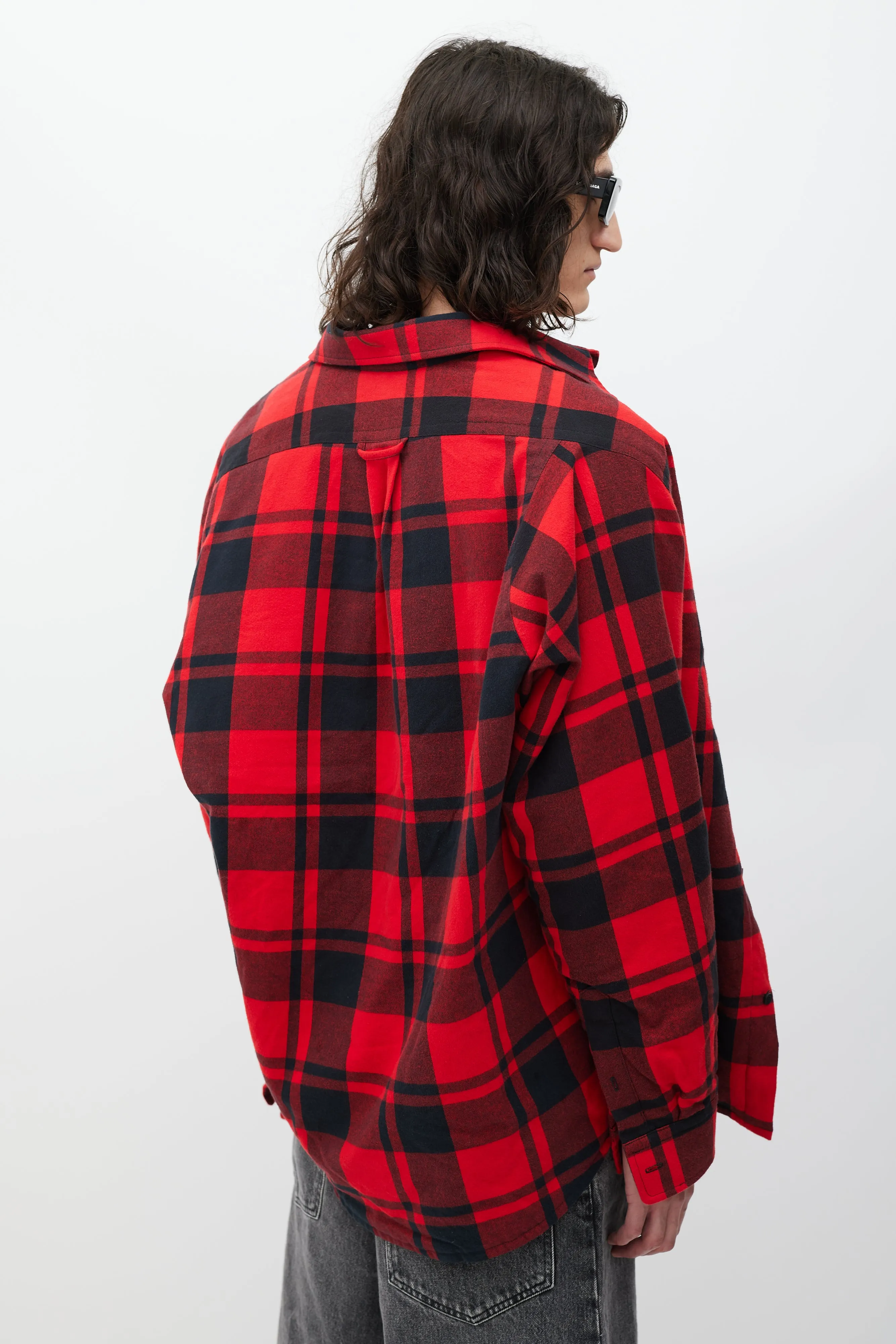 Red & Black Asymmetrical Padded Plaid Jacket