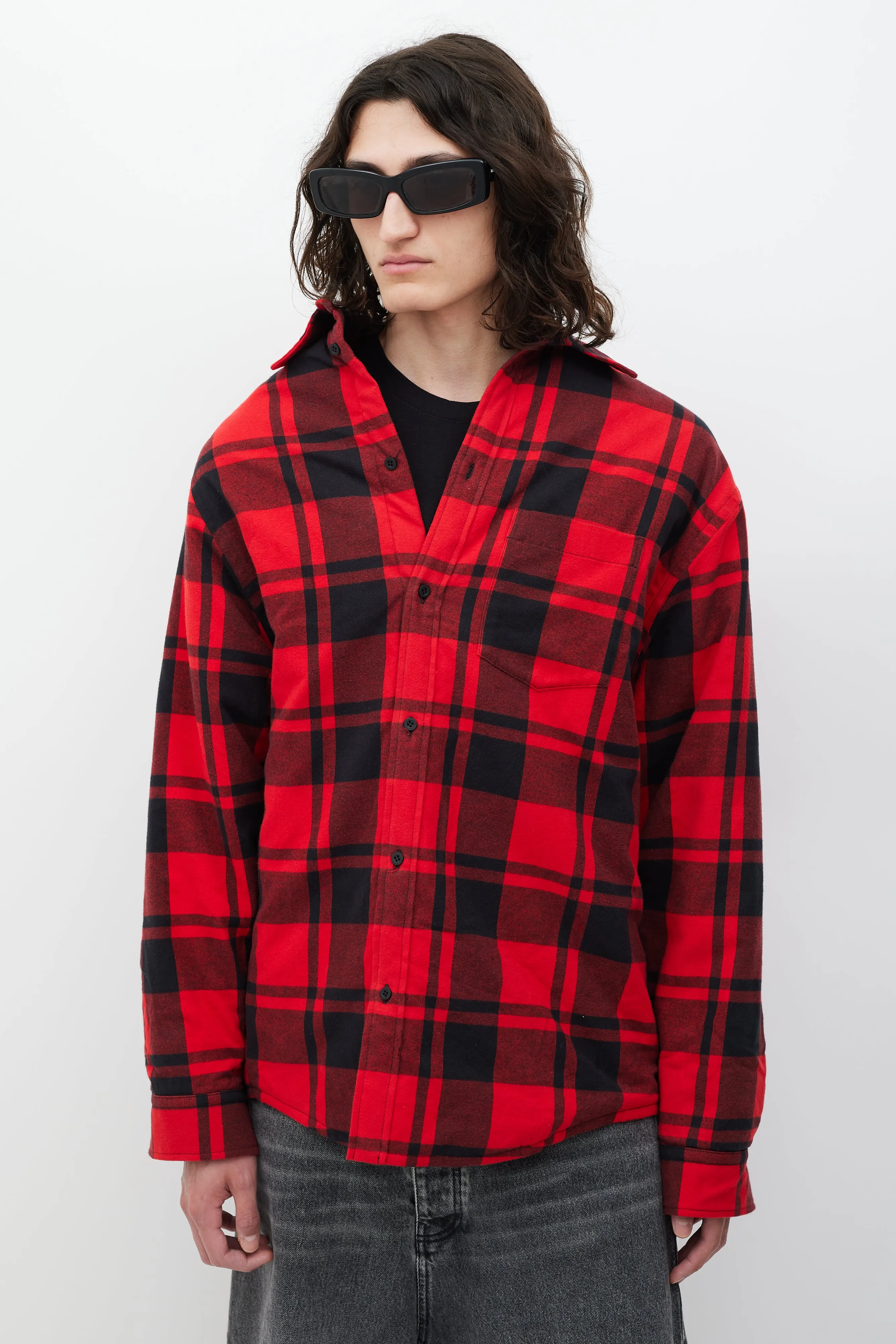 Red & Black Asymmetrical Padded Plaid Jacket