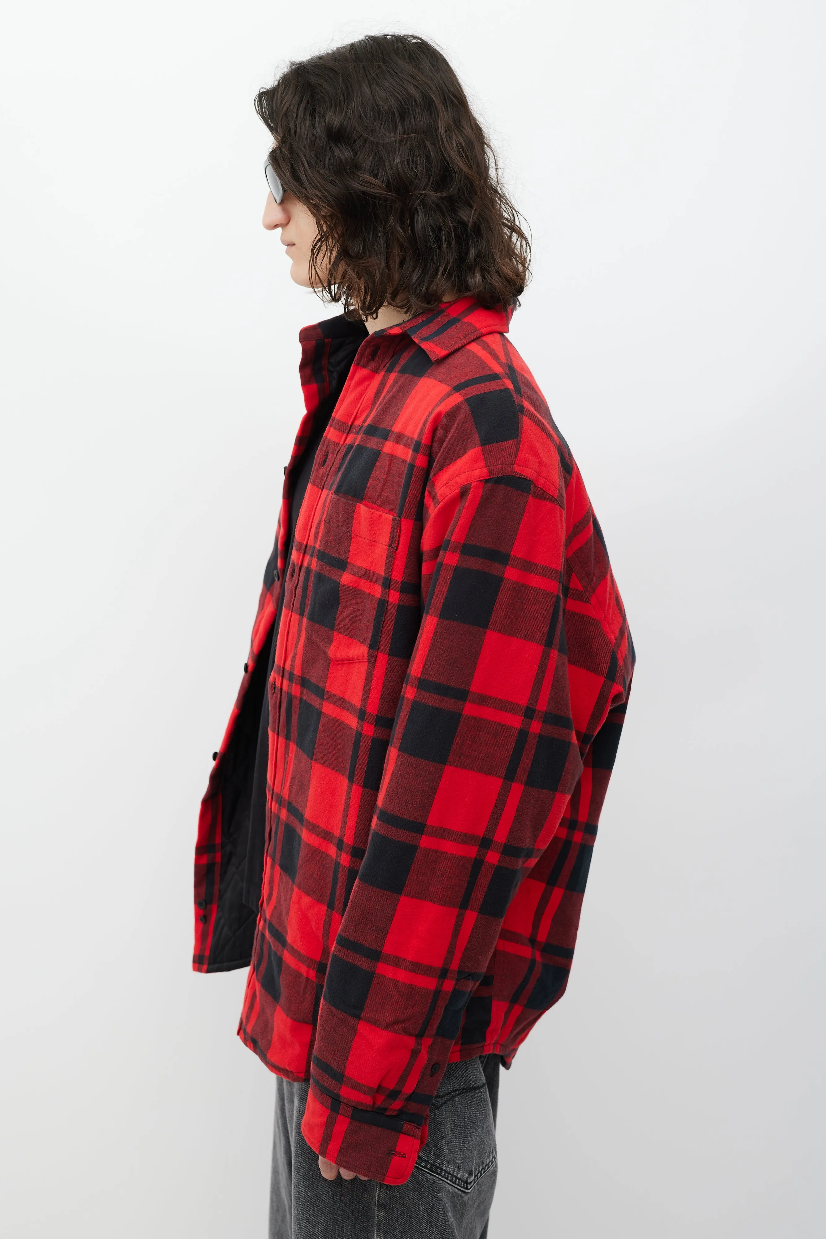 Red & Black Asymmetrical Padded Plaid Jacket