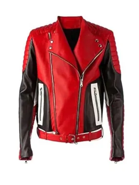 Red and Black Biker Quilted Leather Jacket