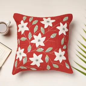 Red - Applique Quilted Cotton Cushion Cover (16 x 16 in)