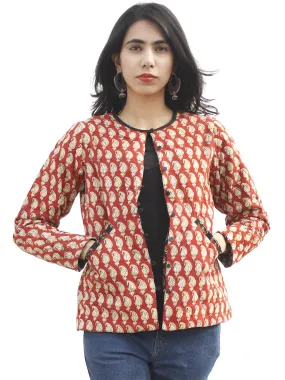 Red Black Beige Mustard Hand Block Printed Reversible Quilted Jacket - J02F791