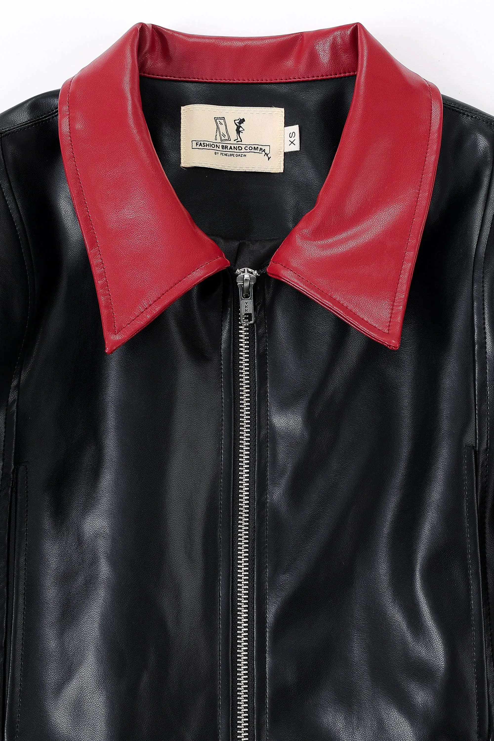 Red Collar Plant Leather Crop Jacket