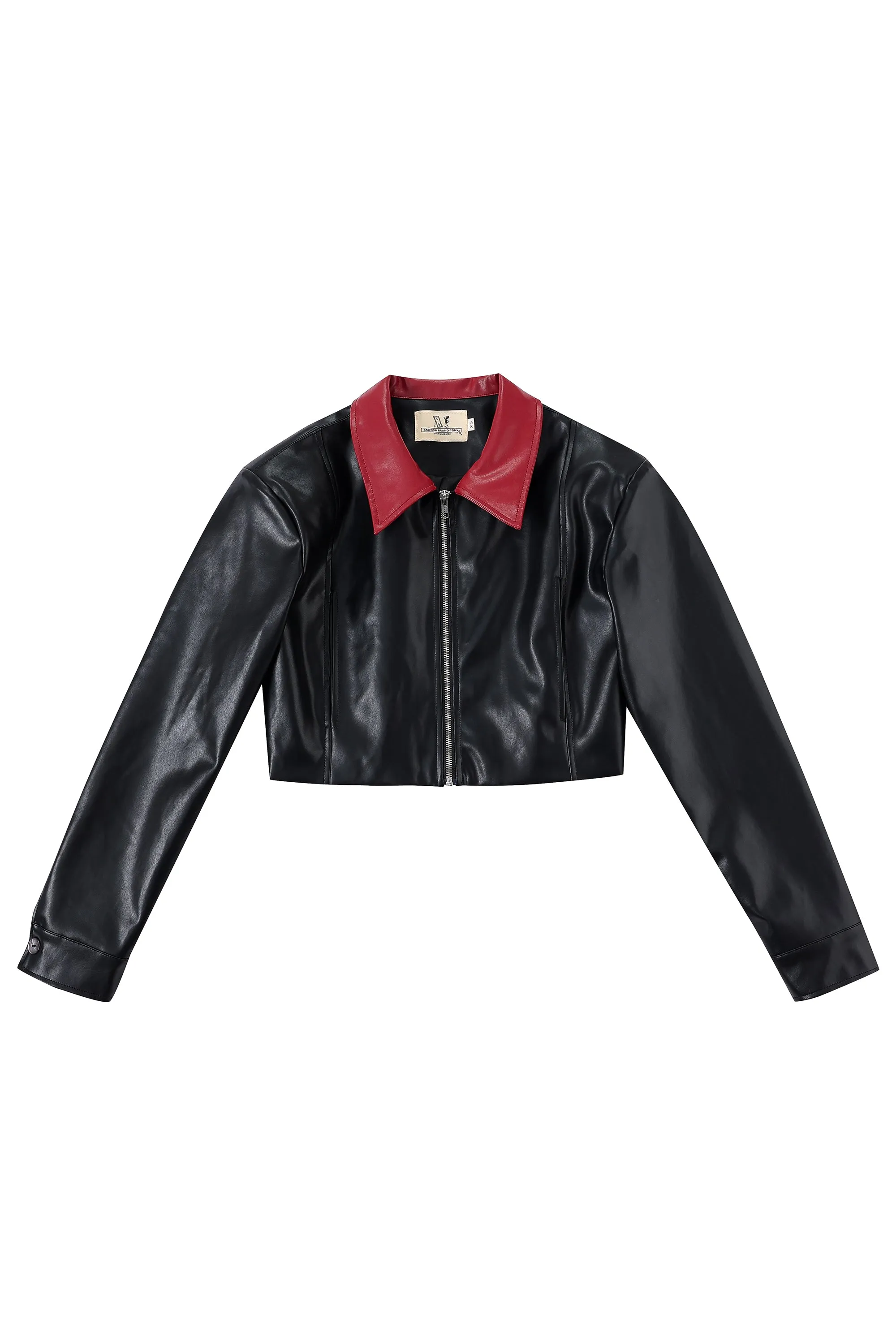 Red Collar Plant Leather Crop Jacket