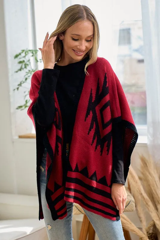 Red/Black Sweater Shawl Wrap with Aztec Pattern