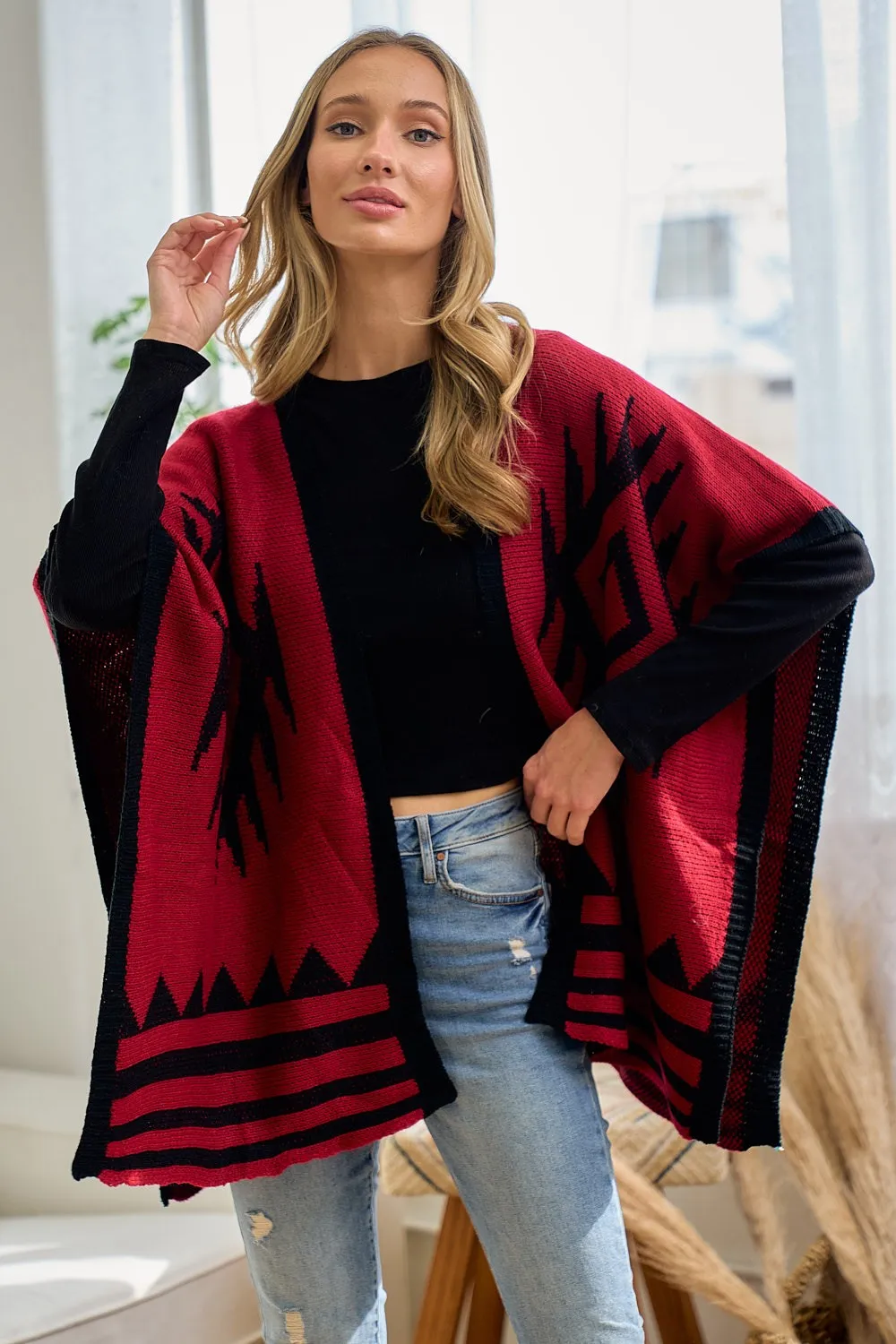 Red/Black Sweater Shawl Wrap with Aztec Pattern