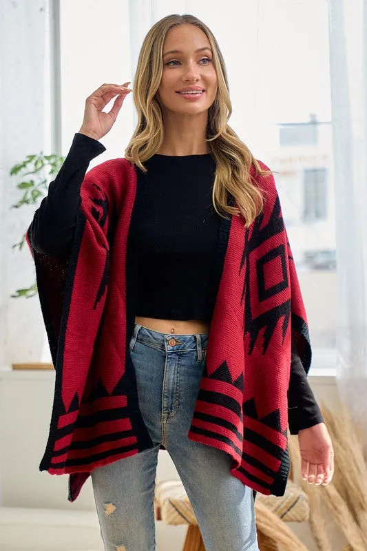 Red/Black Sweater Shawl Wrap with Aztec Pattern